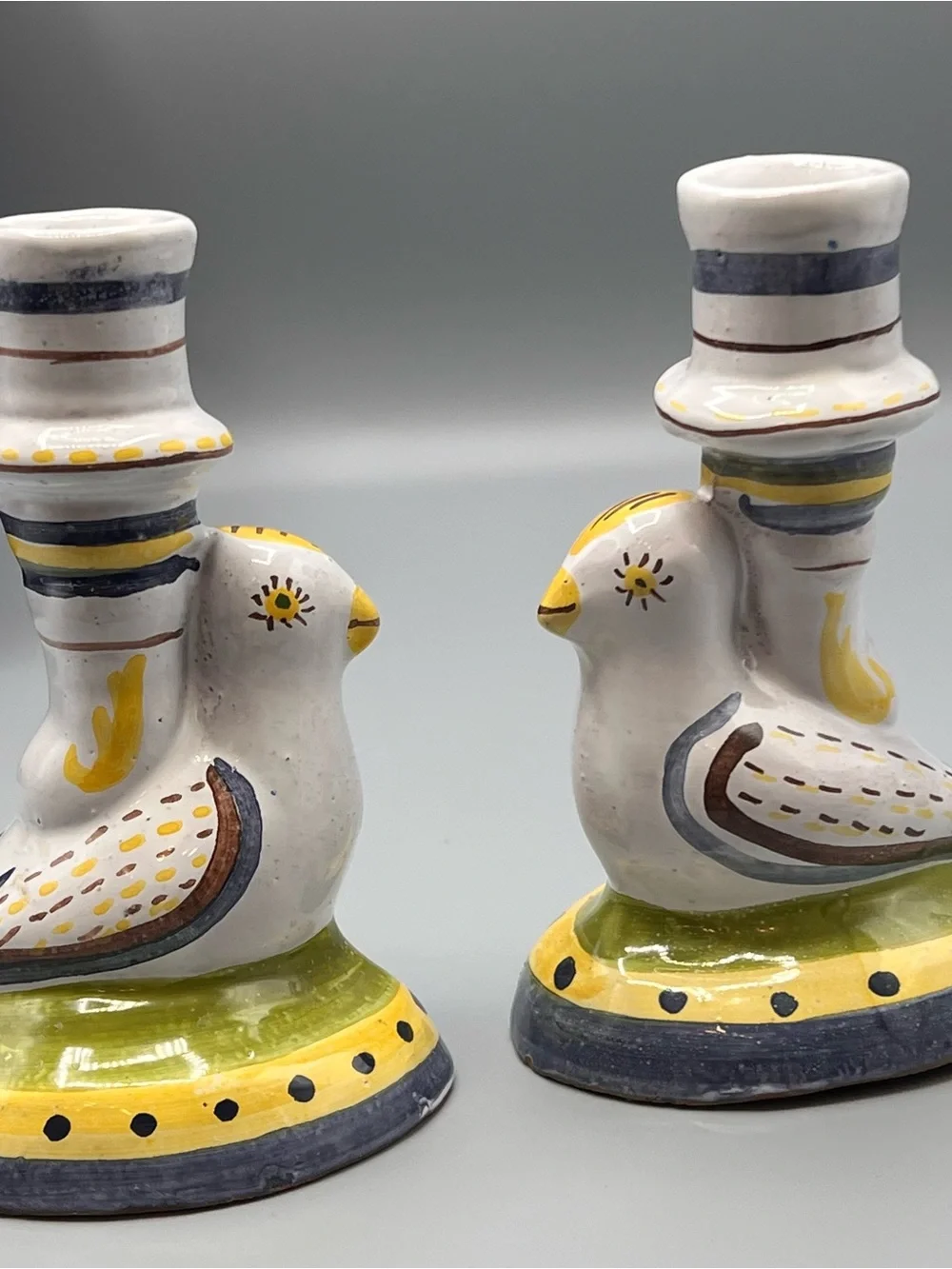 Vintage Portuguese Pottery Candlestick Holder Bird Yellow Blue Authorized Copy